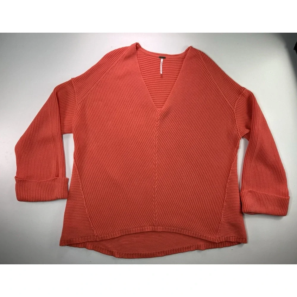 Free People La Brea Size Large Oversized Pullover V-Neck Sweater‎ Coral Orange